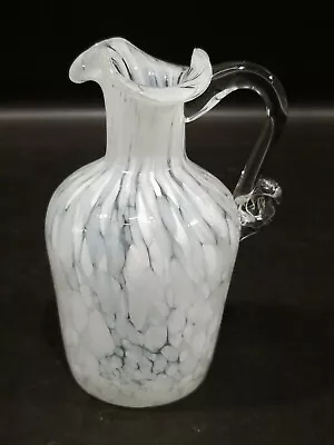 Vintage Clear Glass Pitcher 4.75  H White Frit Hand Blown Applied Handle Creamer • $15