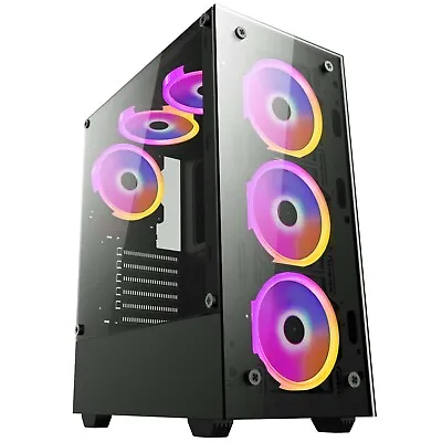 Gaming PC Tower Computer Mid ATX Gamer Case Black Tempered Glass Panel NEW UK • £54.90