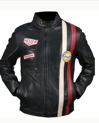 $75 • Buy Steve McQueen Le Mans Driver Grandprix Gulf Black Leather Jacket And Free Tshirt