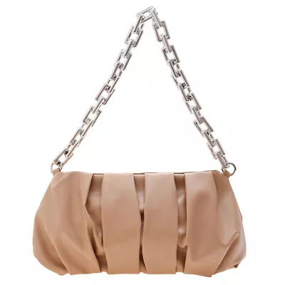 Retro Women PU Pleated Underarm Bag Casual Solid Color Thick Chain Handbags • £7.79