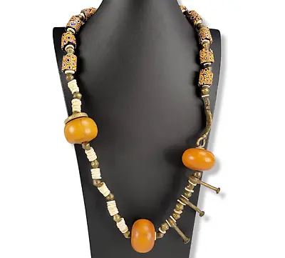Vintage African Trade Bead Necklace Amber Millefiori Handmade Traditional 27  • $239