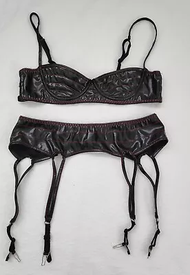 Black Faux Leather Bra & Suspenders SHIRLEY OF HOLLYWOOD Size S Vintage  @ • $24
