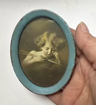 Sleepy Cupid Baby Girl Bow Arrow BLUE Tin Oval Frame 1897 MB Parkinson 3  By 2  • $14.95