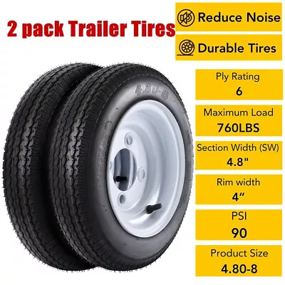 2 Pack 4.80x8 480-8 4.80-8 Trailer Tires On 8'' Rim 4 Lug 6PR Load Range C 6 PLY • $65.99