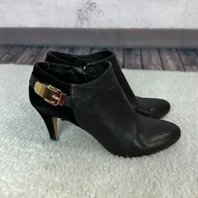 Vince Camuto Womens Heeled Ankle Bootie Size 8.5 Black Leather Zip Gold Buckle • $26.99