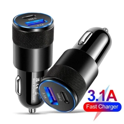 $6.99 • Buy 38W 2 Port Car Phone Charger Dual USB A C PD Metal 12V Cigarette IPhone Charging