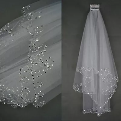 2 Layer White/Ivory Elbow Length Beads Edge Wedding Bridal Veil With Comb New • $16.48