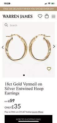 18ct Gold Vermeil On Sterling Silver Entwined Hoop Earrings By Warren James • £12