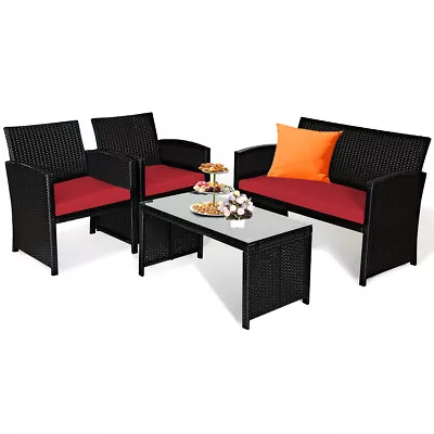 Patio 4PCS Rattan Furniture Conversation Set Cushion Table Sofa Garden Red • $199.99