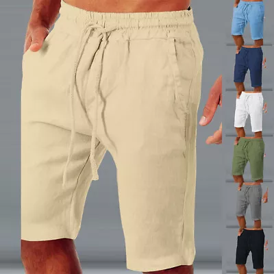 Mens Cotton Linen Elastic Drawstring Sport Cargo Shorts Chino Casual Half Pants • $18.79