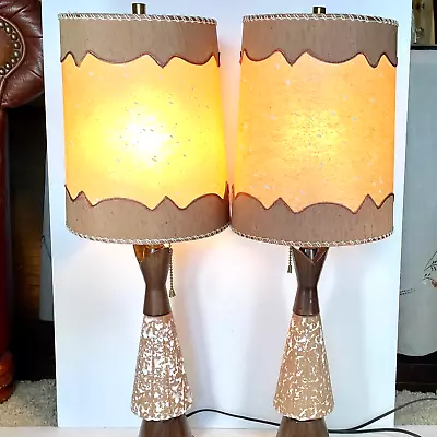 Pair Mid-century Cocoa Brown Ceramic Table Lamps And Original Fiberglass Shades • $245