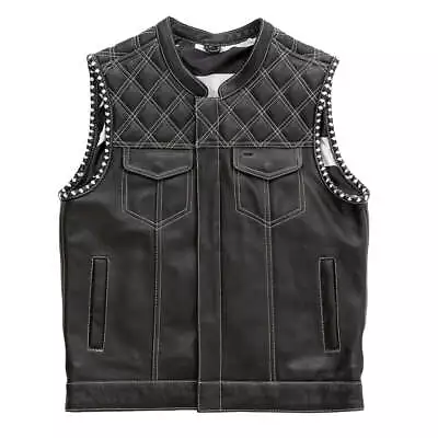 SOA Men's Motorcycle Leather Club Vest W/t White  W/ 2 Concealed Carry Pocket • $129.95