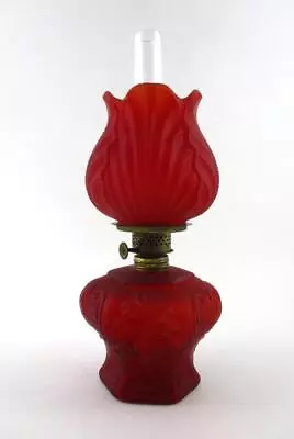 TULIP - Antique RED Satin Glass MINIATURE Oil LAMP Nutmeg Burner - S1-284 • $225