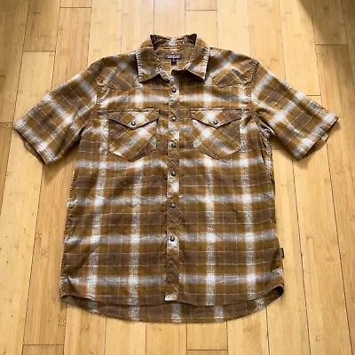 Patagonia Shirt Mens Medium/Large Orange Brown Short Sleeve Pearl Snap Hemp Camp • $24