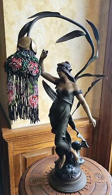 Auguste Moreau Figural Lady Nouveau Spelter Lamp With Czech Bead Shade • $725