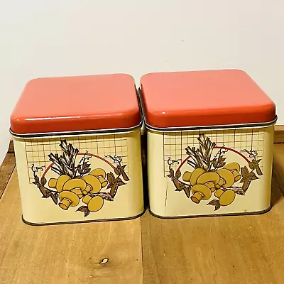 Franco Cheinco Vtg Canister Tin Set Mushroom Pantry Kitchen Metal 2 Pc USA Retro • $24.99