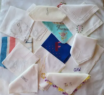 15 VTG MONOGRAM INITIAL Linen Handkerchiefs A B F G H J L P W Embroider Crochet • $19.99