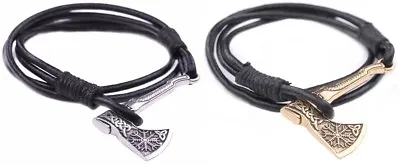 £8.49 • Buy Viking Leather Gold Silver Axe Vegvisir Wristband Strap Viking Uk Sales A119-120