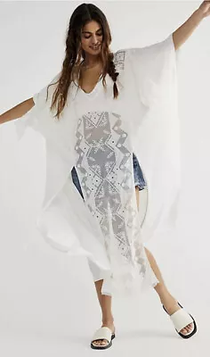 Free People Set The Table Kaftee Coverup Lace Embroidery Slits White M/LNEW • £120.47