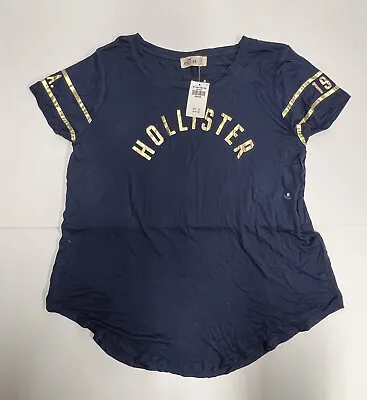 $23.90 • Buy NWT - Hollister Short Sleeve Blue Gold Spell Out T Shirt - Women's Medium M