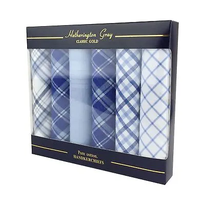 6 Pack Mens/Gentlemens Checked Handkerchiefs 100% Cotton In A Gift Box Blue • £12.95