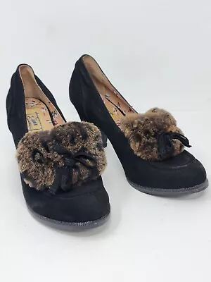 Miss L Fire Womens EU 36 US 6 Black Suede Loafer Heels Pumps Brown Faux Fur  • £38.56