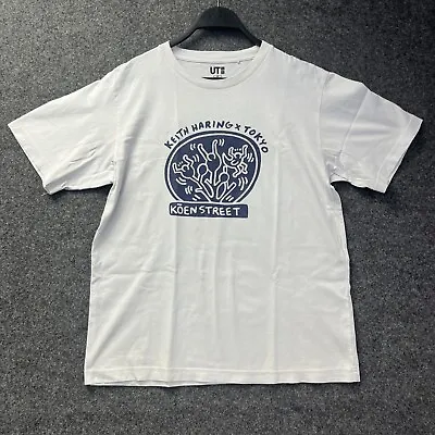 Keith Haring X Tokyo Uniqlo Kōen Street Print White Blue T Shirt Size Medium • £12.99