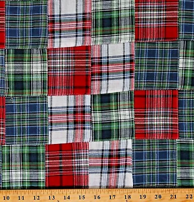 1 Yard: Cotton / Plaid/Stitched Madras Patchwork / Red Blue Green White • $18