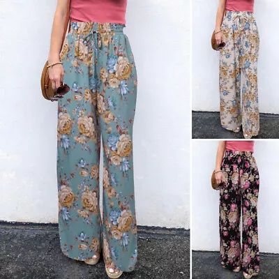 Women Elastic Waist Floral Print Holiday Pants Casual Loose Wide Leg Trousers • $23.74