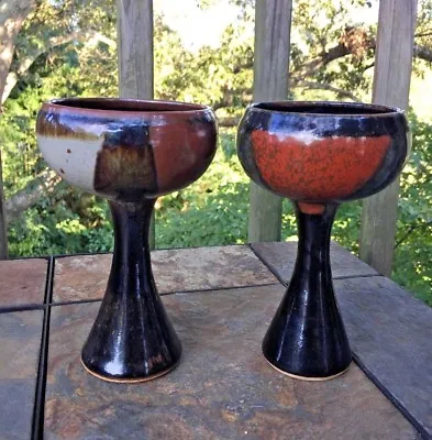 Vintage Raku Pottery Catholic Chalice Wine Glass UNIQUE Goblets OOAK SET 2 ❤️j8 • $250