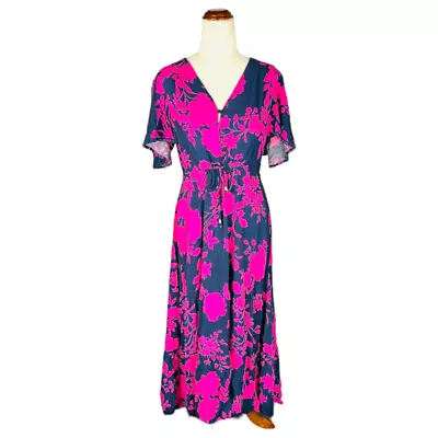 Proud Poppy Maxi Dress Size 10 Pink Black Floral Loop Trim Flutter Sleeve V-Neck • $39