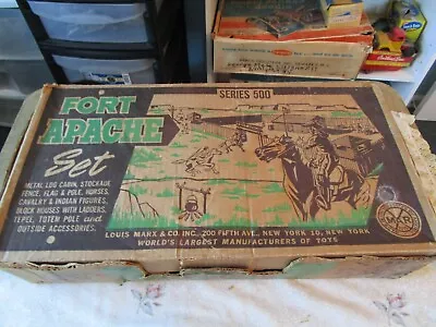 Marx Orig.  Ft. Apache 3647 Tin Cabin Fort Figures. Acc;s Good Used Set • $87