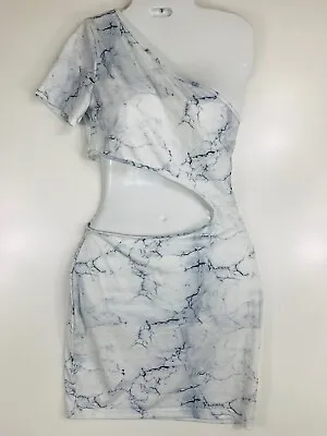 ZAFUL Women Sz 6 White Gray Marble Print Bodycon Cut Out One Shoulder Dress NWT • £9.72