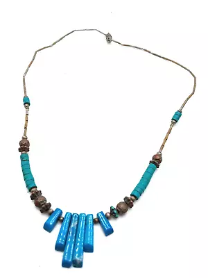 Vintage Liquid Sterling Silver  Turquoise Fan 18 In Necklace W Sterling Beads • $32
