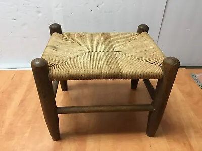 Vintage Woven Rope Rush Twine Wood Foot Stool Rustic Oak Country Farm 14x11x12  • $79.99