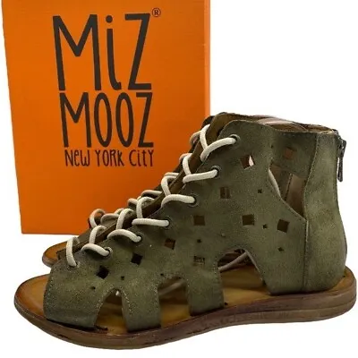 Miz Mooz Sandals Florence Gladiator Green Leather Lace Up Womens Size 7.5 • $54.74
