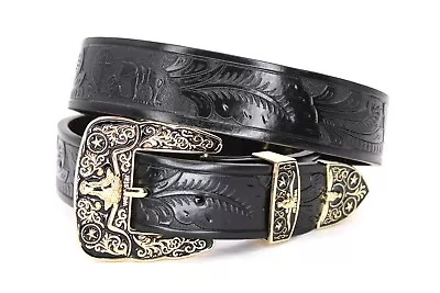 Western Belt Leather Gold Cowboy Prayer Black Belt Kneeling Cowboy Pants 34 • $39.99