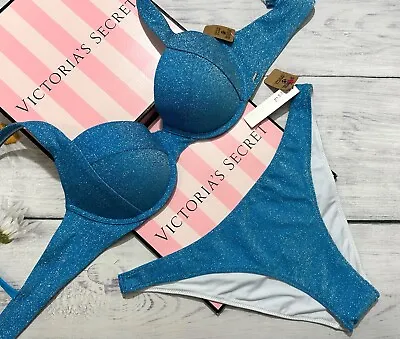 Victoria's Secret PINK SWIM 2 PC Push Up Shimmer Lurex Set Blue • $78.52