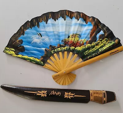 Beautiful Hand Painted Hawaiian Fan With Fijian Wooden Machette .   • $80