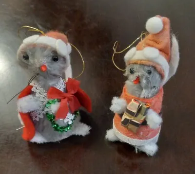 (2) VINTAGE Enesco FUR MOUSE TINY GRAY SANTA CLAUS MICE IN RED • $16.99