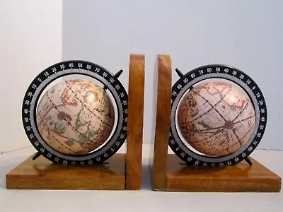 2 Vintage Set Old World Globe Bookends Rotating Wooden Hong Kong Office Library • $19.95