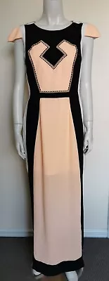 Seduce Size 12 Lined Colourblock Black White Peach Cap-Sleeve Maxi Dress • $18