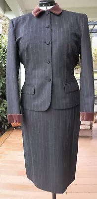 Vintage 80s Ralph Lauren Gray  Chalk Stripe Skirt Suit 2 Pc Wool Velvet 10 • $65