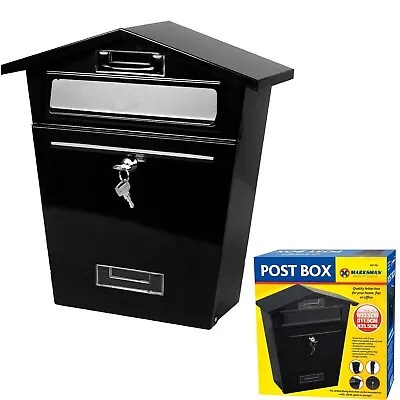 BLACK STEEL POST BOX LETTER MAIL WALL MOUNTED HOME Office Outdoor LOCKABLE Keys • £24.99