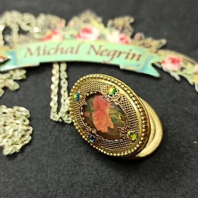 Michal Negrin Long Oval Locket Necklace Roses &Swarovski Crystals Statement Gift • $54.40