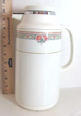 Vintage Insulated Coffee Carafe Pitcher Thermos 32oz Pink Floral Over Cream • $6.99