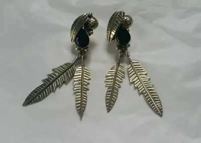 Southwestern Sterling Silver Black Onyx Feather Blossom Native Earrings 17.25g • $49.99