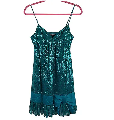 Vintage Betsey Johnson Evening Turquoise Sequins Big Satin Bow Mini Dress Size 6 • $50