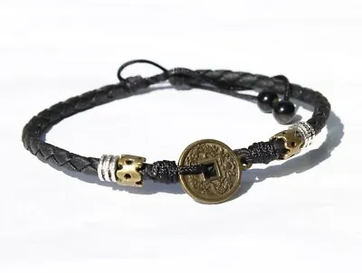 Women/ Men  Antique Lucky Money Coin Black Genuine Leather Anklet Bracelet 9-14  • $10.99