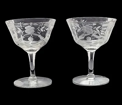 2 Vintage Floral Etched Clear Crystal Stemware Cocktail Wine Barware Glasses • $21